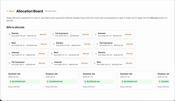 Dragging a bill onto a paycheck in PayPlanner Pro and watching the leftover dollars update